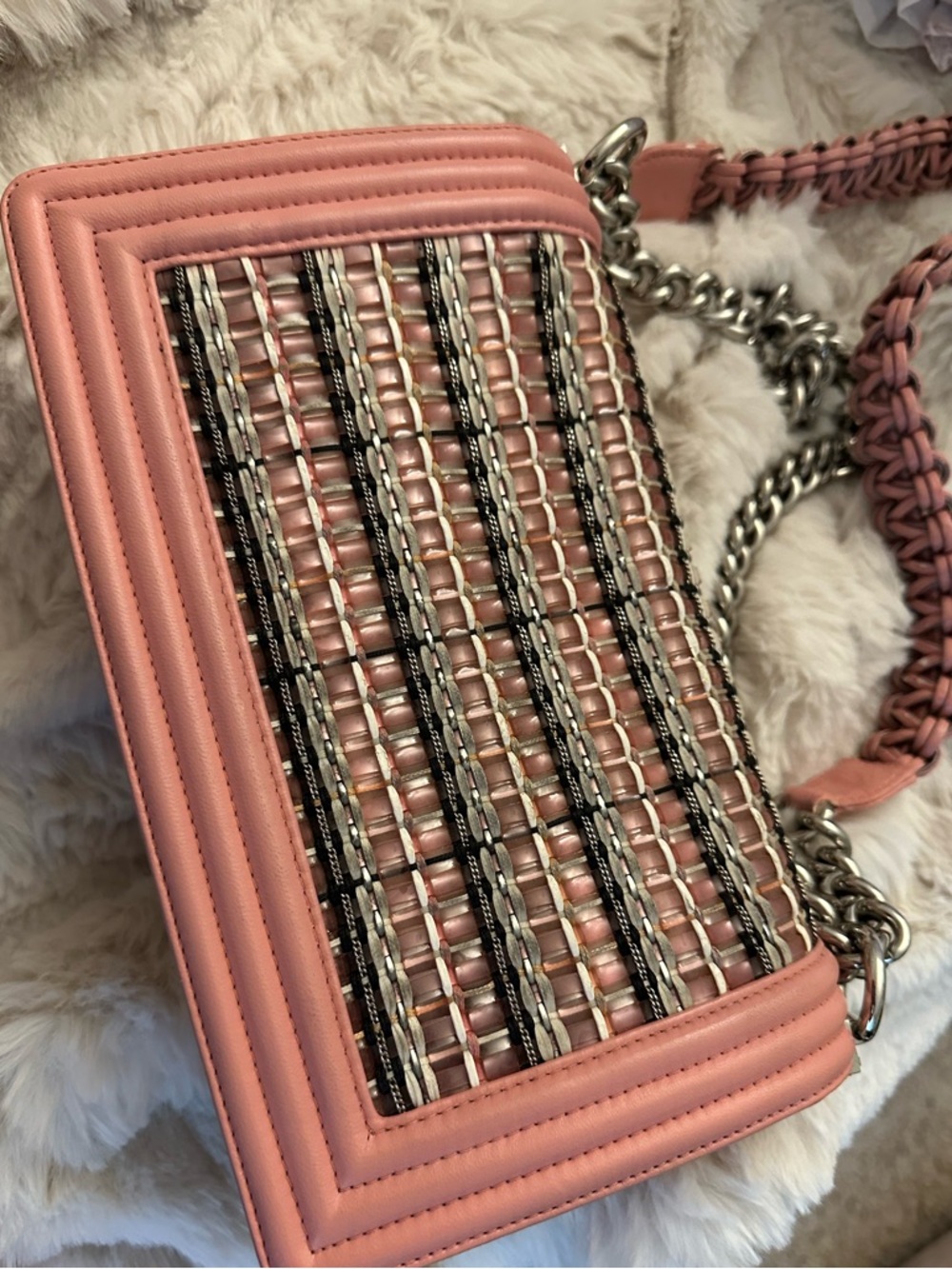 CHANEL Boy Flap Bag Pink Woven Panel Braided Handle Rare Seasonal - Picture 3 of 5